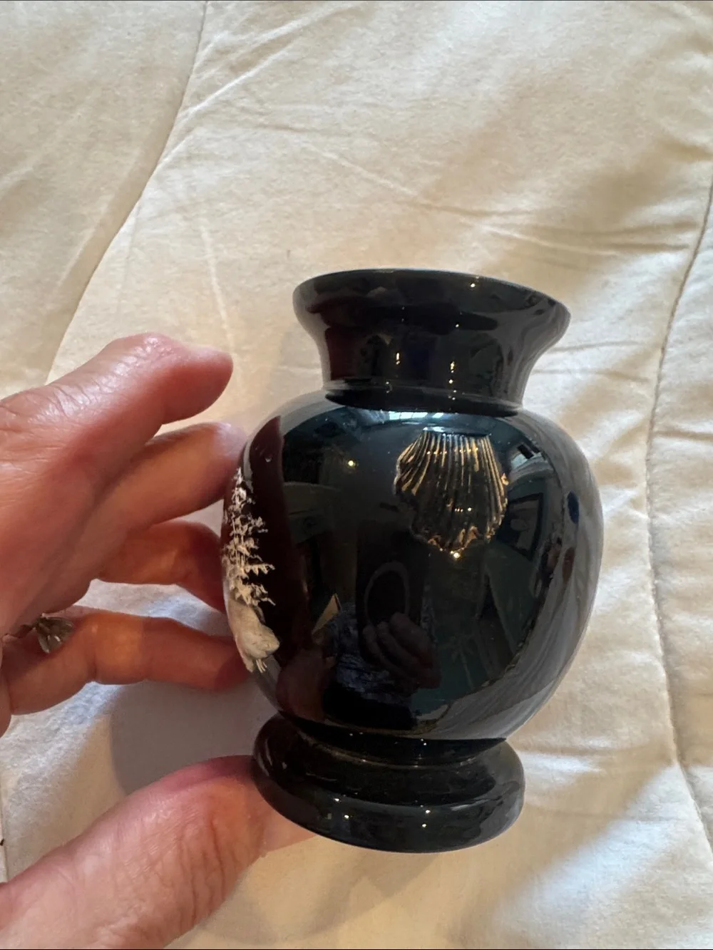 Westmoreland Mary Gregory 1970’s black vase with a hand painted girl in white
